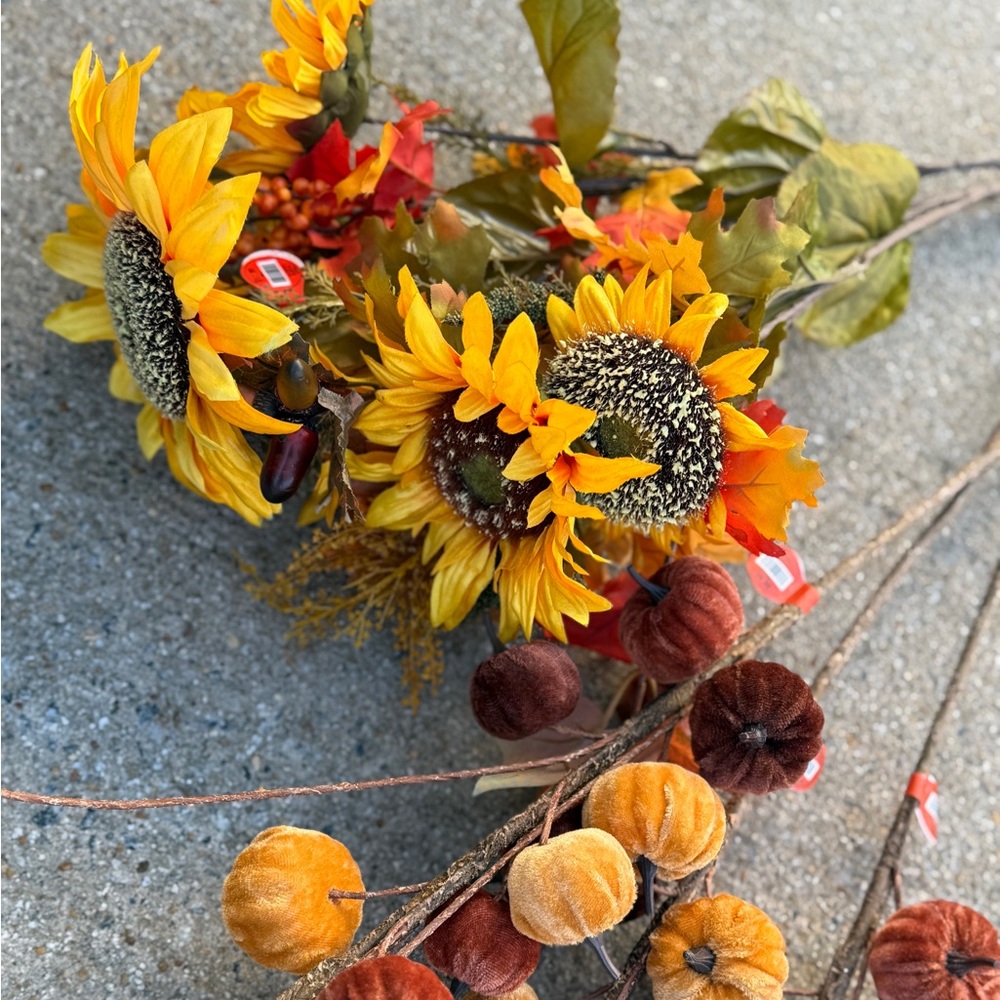 Autumn Harvest Artificial Floral Arrangement & 3 Pumpkin Stems - NWT
